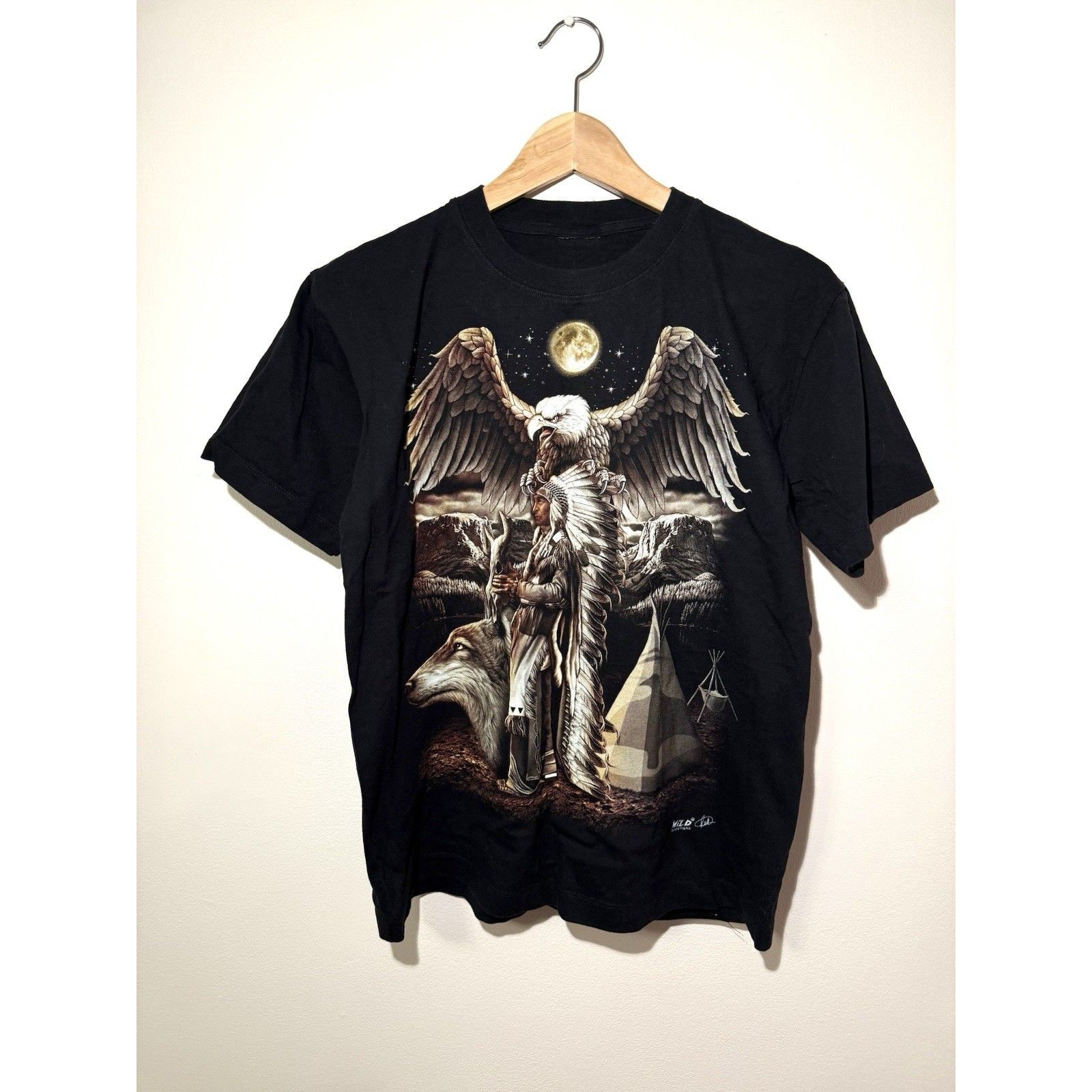 Vintage Biker Native American Eagle T-Shirt Metal Rock Front&Back Sz S Wild Co.